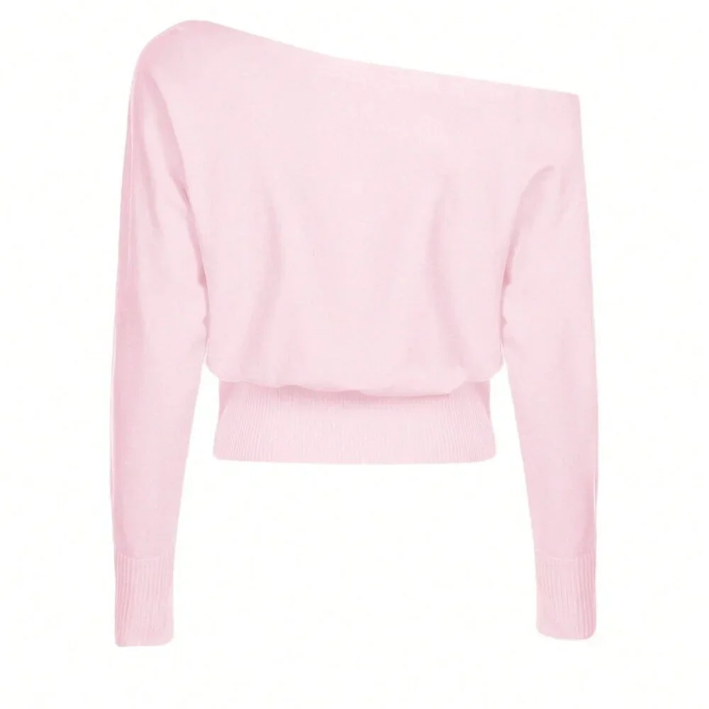 Pink Casual Women's Asymmetric Shoulder Sweater